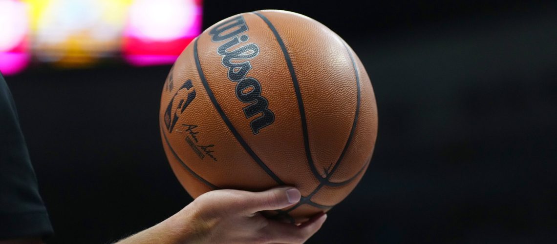 Oct 30, 2023; Denver, Colorado, USA; General view of a Wilson NBA basketball during the game between the Utah Jazz and the Denver Nuggets at Ball Arena. Mandatory Credit: Ron Chenoy-USA TODAY Sports